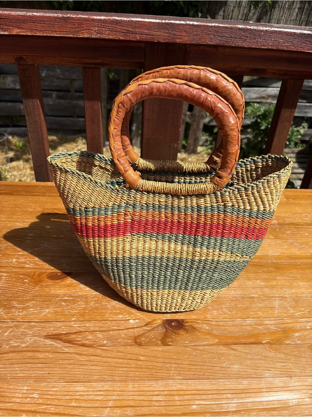 Woven Straw Tote Bag with Leather Handles - Green, Red, Natural
